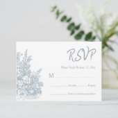 Elegant Dusty Blue Floral Border Wedding 出欠カード (スタンド正面)
