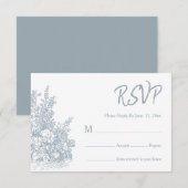 Elegant Dusty Blue Floral Border Wedding 出欠カード (正面/裏面)