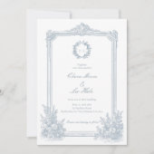 Elegant Dusty Blue Floral Border Wedding Invitatio 招待状 (正面)
