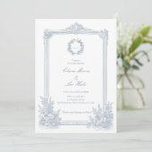 Elegant Dusty Blue Floral Border Wedding Invitatio 招待状 (スタンド正面)