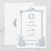 Elegant Dusty Blue Floral Border Wedding Invitatio 招待状 (正面/裏面)
