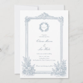 Elegant Dusty Blue Floral Border Wedding Photo  招待状