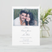 Elegant Dusty Blue Floral Border Wedding Photo 招待状 (スタンド正面)