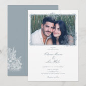 Elegant Dusty Blue Floral Border Wedding Photo 招待状 (正面/裏面)