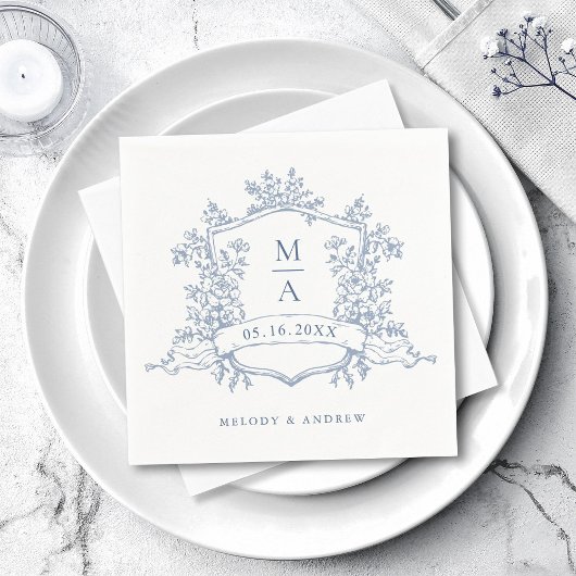 Elegant Dusty Blue Floral Crest Monograms Wedding スタンダードカクテルナプキン