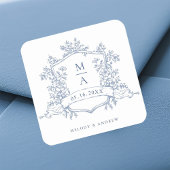 Elegant Dusty Blue Floral Crest Monograms Wedding ラウンドシール