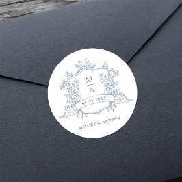 Elegant Dusty Blue Floral Crest Monograms Wedding ラウンドシール