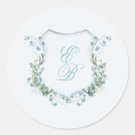 Elegant Dusty Blue Floral Crest Wedding ラウンドシール