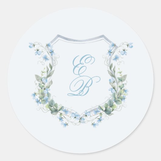 Elegant Dusty Blue Floral Crest Wedding ラウンドシール (正面)