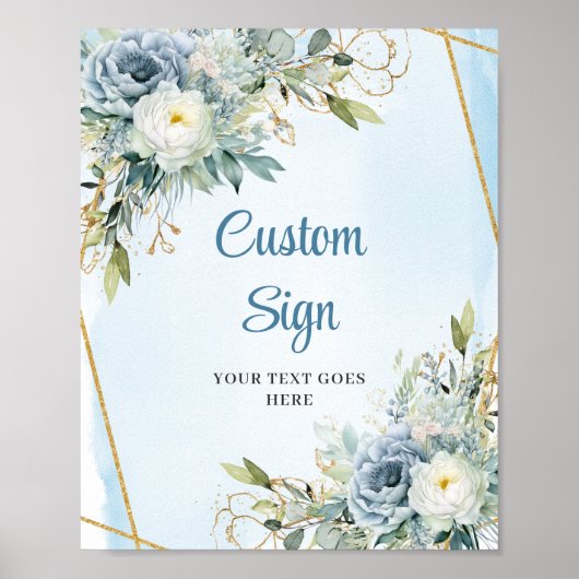 Elegant Dusty Blue Floral Custom Wedding Sign ポスター (正面)