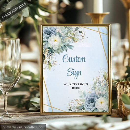 Elegant Dusty Blue Floral Custom Wedding Sign ポスター