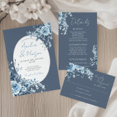 Elegant Dusty Blue Floral Details Wedding エンクロージャーカード
