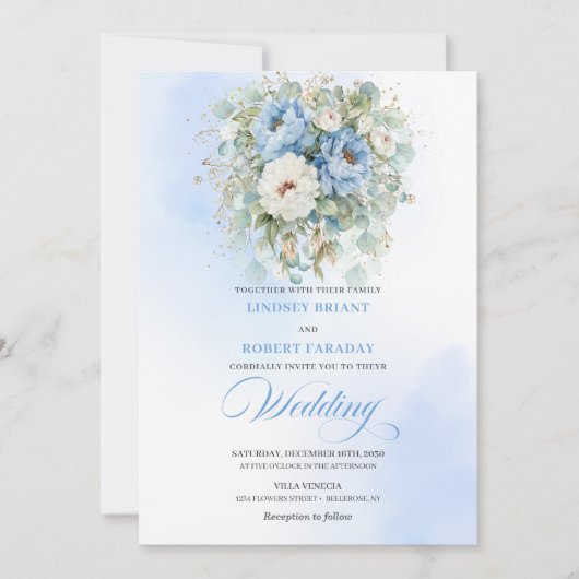 Elegant Dusty Blue Floral Digital Wedding Invite 招待状 (正面)