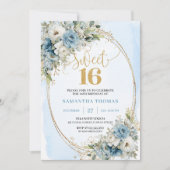 Elegant Dusty Blue Floral Eucalyptus Sweet Sixteen 招待状 (正面)