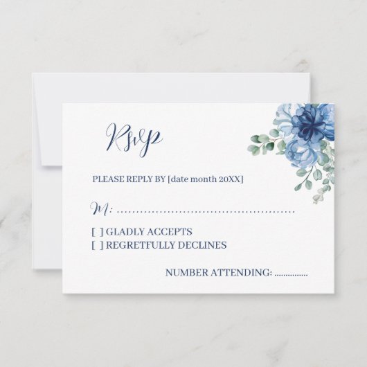 Elegant Dusty Blue Floral Eucalyptus Wedding 出欠カード (正面)