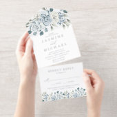 Elegant Dusty Blue Floral Foil Wedding オールインワン招待状 (切り取り部)