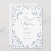 Elegant Dusty Blue Floral Frame Bridal Shower 招待状 (正面)