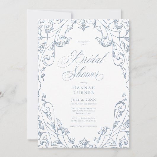 Elegant Dusty Blue Floral Frame Bridal Shower 招待状 (正面)