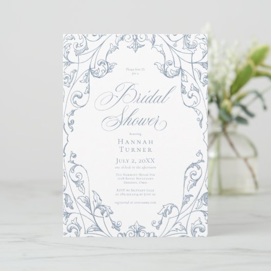 Elegant Dusty Blue Floral Frame Bridal Shower 招待状 (スタンド正面)