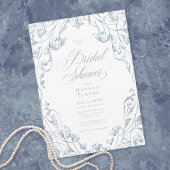 Elegant Dusty Blue Floral Frame Bridal Shower 招待状