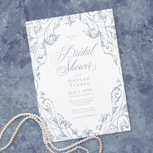 Elegant Dusty Blue Floral Frame Bridal Shower 招待状