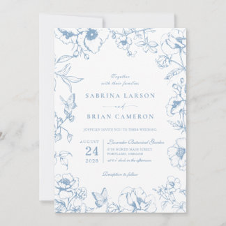 Elegant Dusty Blue Floral Garden QR Code Wedding 招待状
