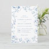 Elegant Dusty Blue Floral Garden QR Code Wedding 招待状 (スタンド正面)