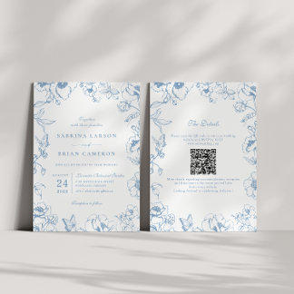 Elegant Dusty Blue Floral Garden QR Code Wedding 招待状
