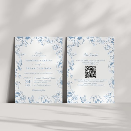 Elegant Dusty Blue Floral Garden QR Code Wedding 招待状