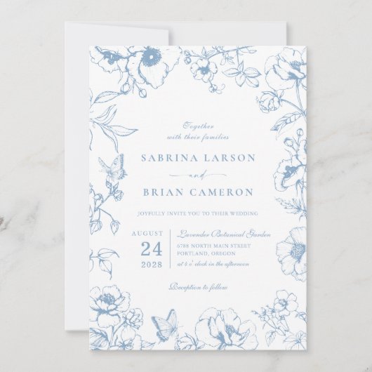 Elegant Dusty Blue Floral Garden QR Code Wedding 招待状 (正面)
