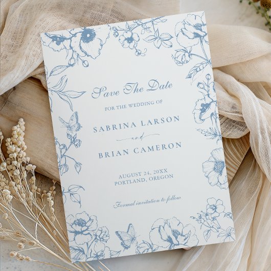 Elegant Dusty Blue Floral Garden Save The Date 招待状