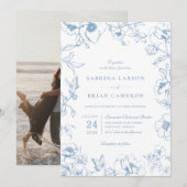 Elegant Dusty Blue Floral Garden Wedding Photo 招待状 (正面/裏面)