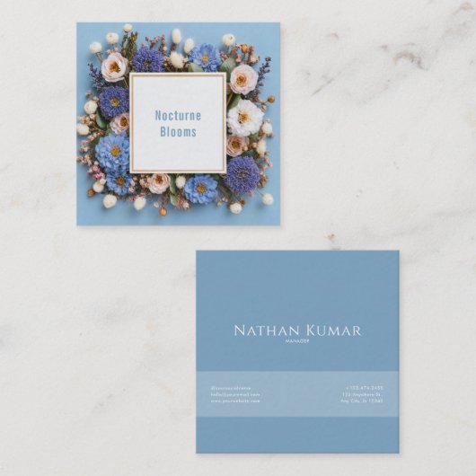 Elegant Dusty Blue Floral Gold Frame Rustic Wreath スクエア名刺 (正面/裏面)