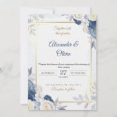 Elegant Dusty Blue Floral Gold Frame Wedding 招待状 (正面)