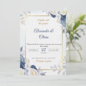 Elegant Dusty Blue Floral Gold Frame Wedding 招待状 (スタンド正面)