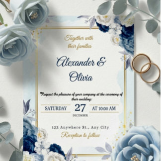 Elegant Dusty Blue Floral Gold Frame Wedding 招待状
