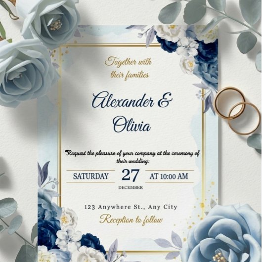 Elegant Dusty Blue Floral Gold Frame Wedding 招待状