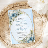 Elegant Dusty Blue Floral Gold Frame Wedding  招待状