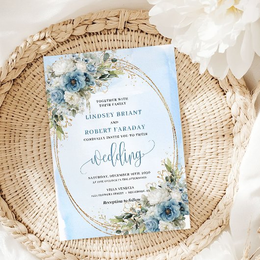 Elegant Dusty Blue Floral Gold Frame Wedding  招待状