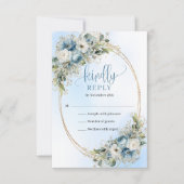 Elegant Dusty Blue Floral Gold Frame Wedding RSVP (正面)