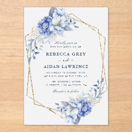 Elegant Dusty Blue Floral Gold Geometric Wedding アクリル招待状
