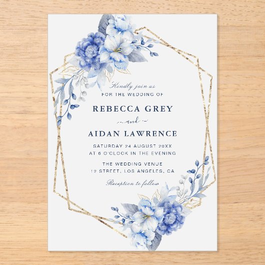 Elegant Dusty Blue Floral Gold Geometric Wedding アクリル招待状 (正面)