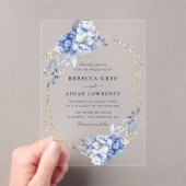 Elegant Dusty Blue Floral Gold Geometric Wedding アクリル招待状 (インサイチュ (ポータブル))