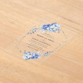 Elegant Dusty Blue Floral Gold Geometric Wedding アクリル招待状 (レイダウン)
