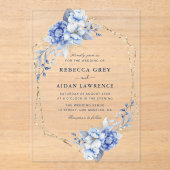 Elegant Dusty Blue Floral Gold Geometric Wedding アクリル招待状 (正面)