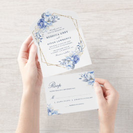 Elegant Dusty Blue Floral Gold Geometric Wedding オールインワン招待状