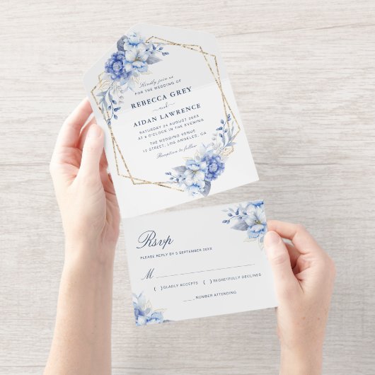 Elegant Dusty Blue Floral Gold Geometric Wedding オールインワン招待状 (切り取り部)