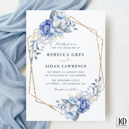 Elegant Dusty Blue Floral Gold Geometric Wedding 招待状