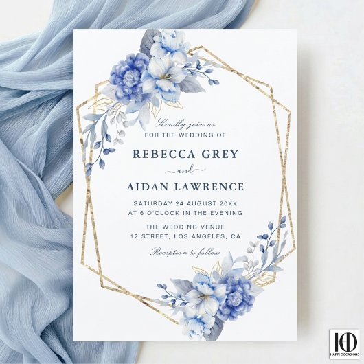 Elegant Dusty Blue Floral Gold Geometric Wedding 招待状