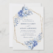Elegant Dusty Blue Floral Gold Geometric Wedding 招待状 (正面)